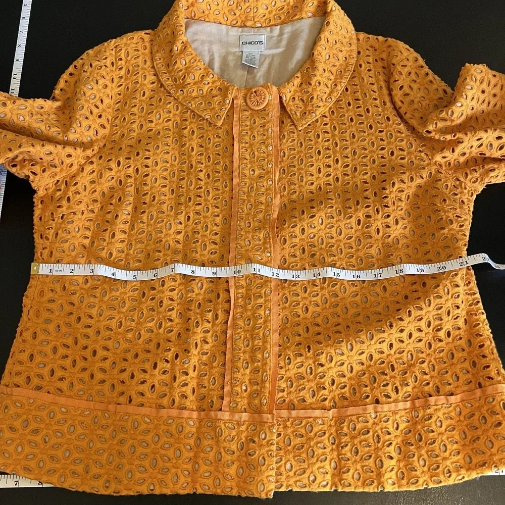 Chico's Orange Blossom‎ 3 Eyelet Linen Blend Jacket Coat Collared Floral Bright